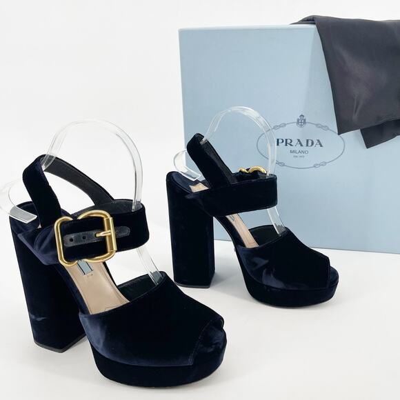 Prada Deep Navy Blue Velvet Block Heel Buckle Chunky Platform Sandal IT 38.5 - Picture 1 of 13